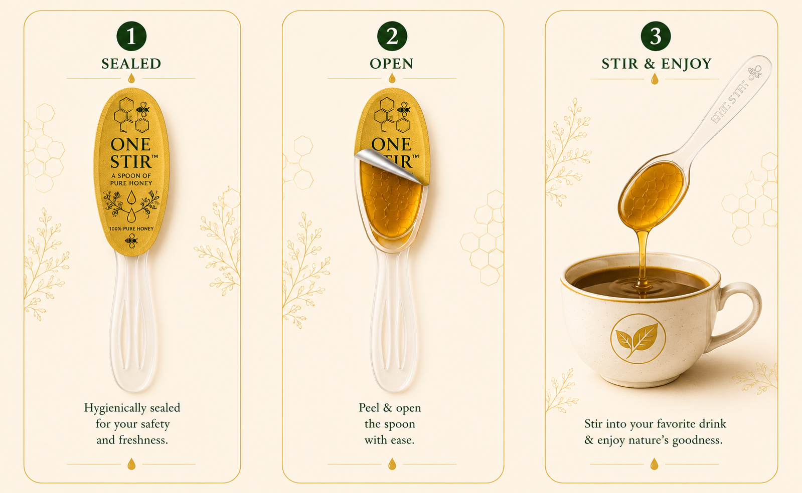 How One Stir works: sealed, open, stir and enjoy